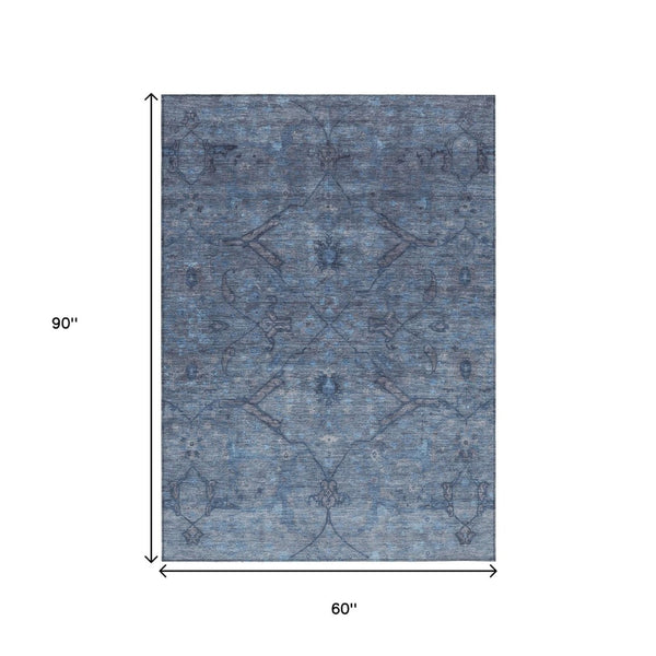 HomeRoots 5' Blue and Gray Floral Area Rug - Washable, Durable Indoor/Outdoor Design for High-Traffic Spaces 658280