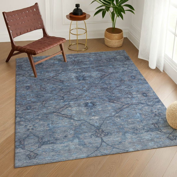 HomeRoots 5' Blue and Gray Floral Area Rug - Washable, Durable Indoor/Outdoor Design for High-Traffic Spaces 658280