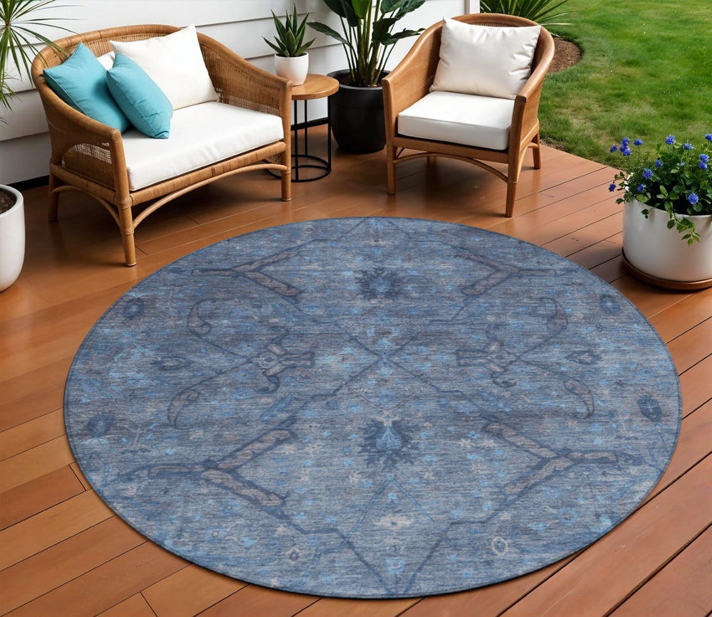 HomeRoots 8' Round Floral Area Rug in Blue and Gray – Washable, Durable, Ideal for Indoor & Outdoor Use 658281