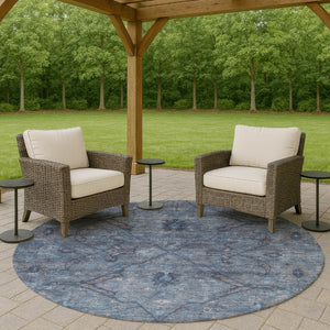 HomeRoots 8' Round Floral Area Rug in Blue and Gray – Washable, Durable, Ideal for Indoor & Outdoor Use 658281