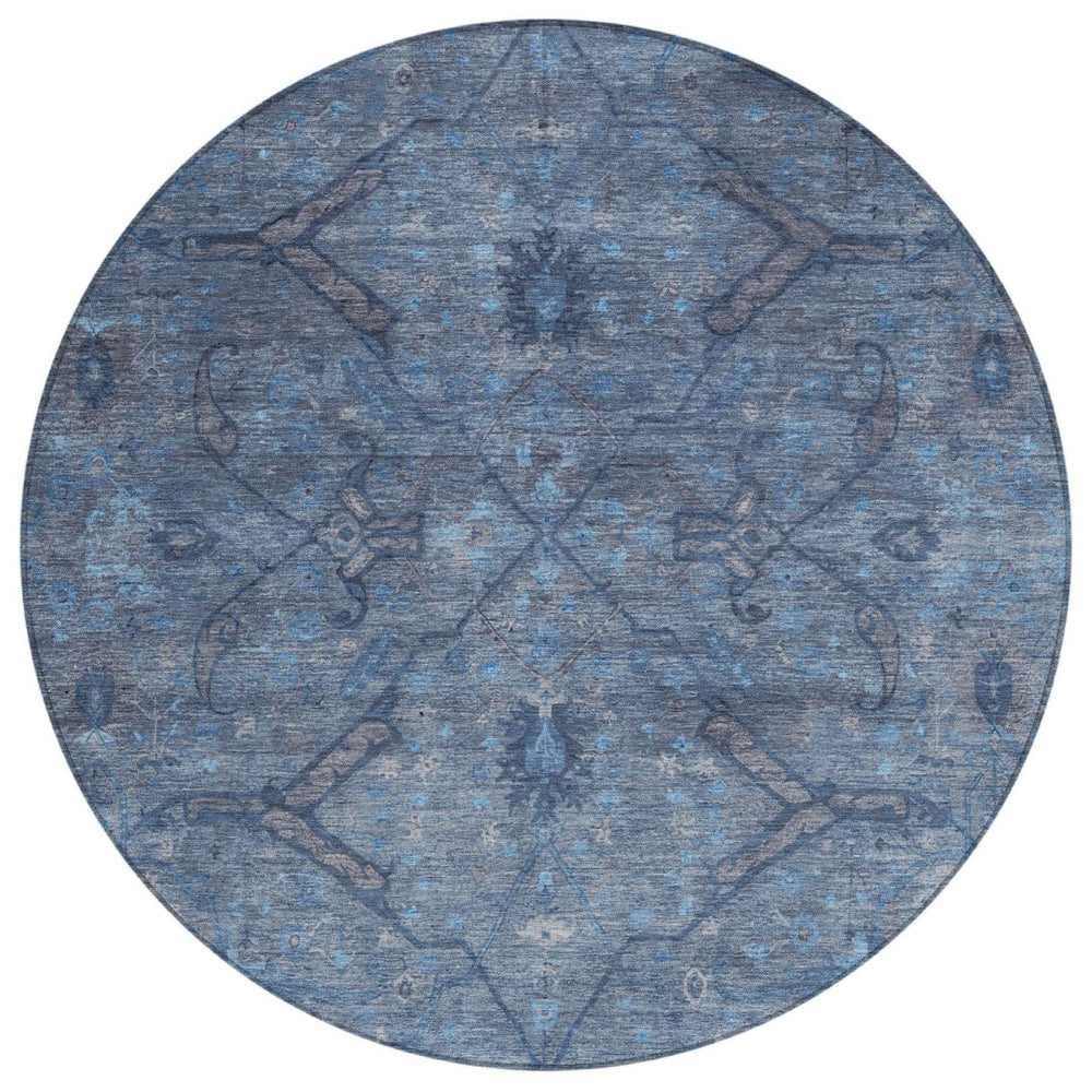 HomeRoots 8' Round Floral Area Rug in Blue and Gray – Washable, Durable, Ideal for Indoor & Outdoor Use 658281