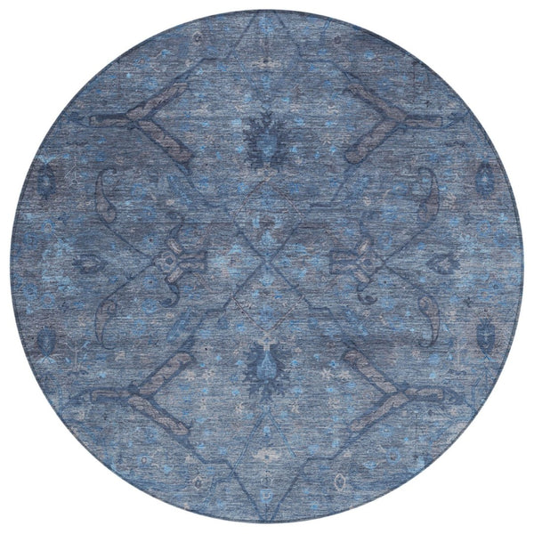 HomeRoots 8' Round Floral Area Rug in Blue and Gray – Washable, Durable, Ideal for Indoor & Outdoor Use 658281