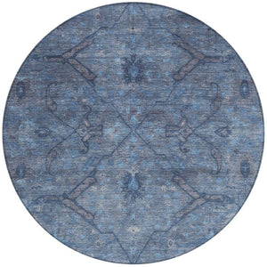 HomeRoots 8' Round Floral Area Rug in Blue and Gray – Washable, Durable, Ideal for Indoor & Outdoor Use 658281
