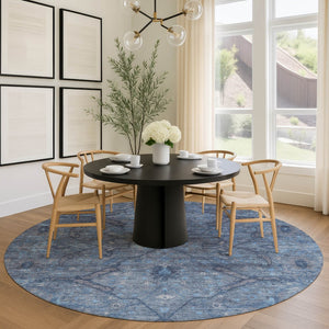 HomeRoots 8' Round Floral Area Rug in Blue and Gray – Washable, Durable, Ideal for Indoor & Outdoor Use 658281