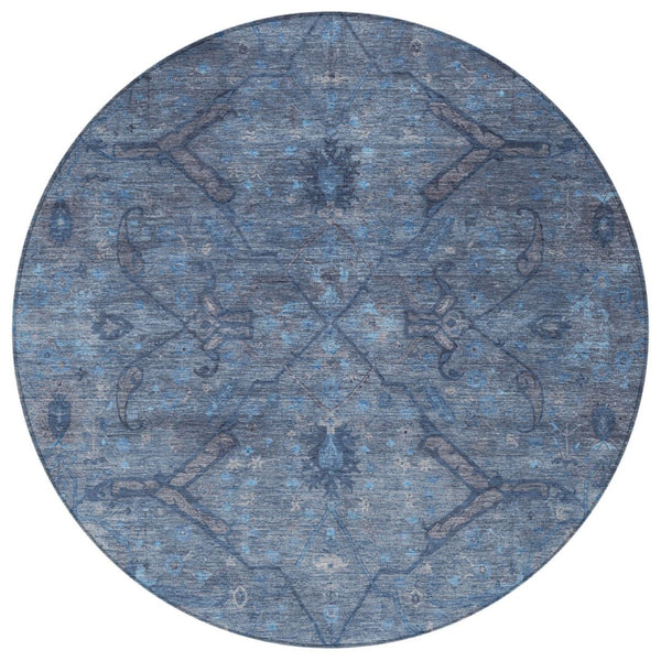 HomeRoots 8' Round Floral Area Rug in Blue and Gray – Washable, Durable, Ideal for Indoor & Outdoor Use 658281
