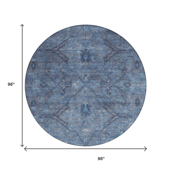 HomeRoots 8' Round Floral Area Rug in Blue and Gray – Washable, Durable, Ideal for Indoor & Outdoor Use 658281