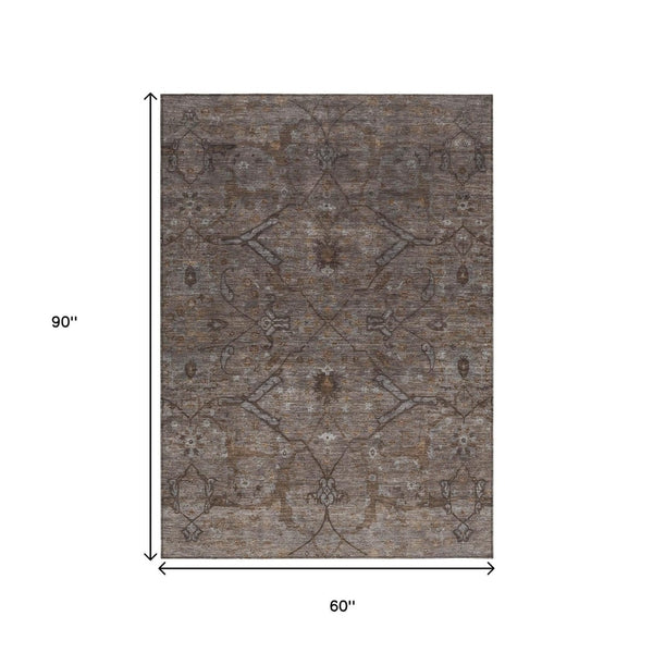 HomeRoots 5' Brown and Taupe Floral Area Rug – Stylish, Washable, Durable for Indoor/Outdoor Use, Perfect for High-Traffic Areas 658286