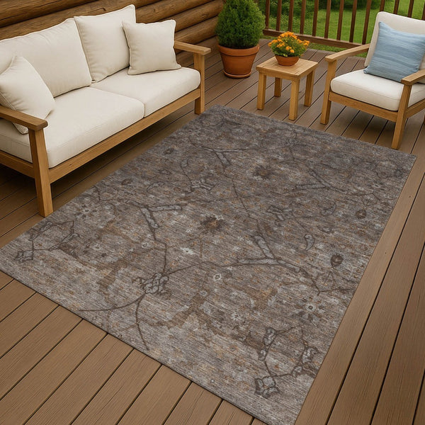 HomeRoots 5' Brown and Taupe Floral Area Rug – Stylish, Washable, Durable for Indoor/Outdoor Use, Perfect for High-Traffic Areas 658286