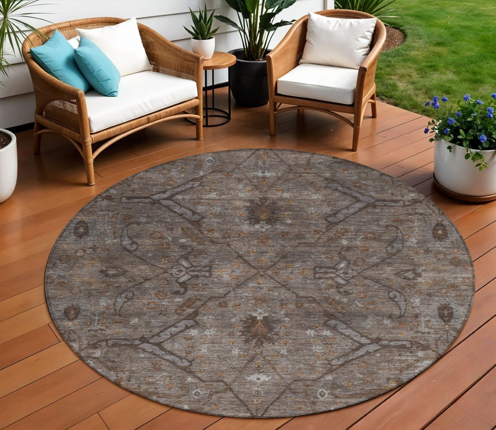 HomeRoots 8' Brown and Taupe Round Floral Rug – Durable, Washable, Stylish for Indoor & Outdoor Spaces 658287