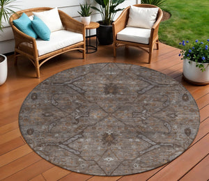 HomeRoots 8' Brown and Taupe Round Floral Rug – Durable, Washable, Stylish for Indoor & Outdoor Spaces 658287