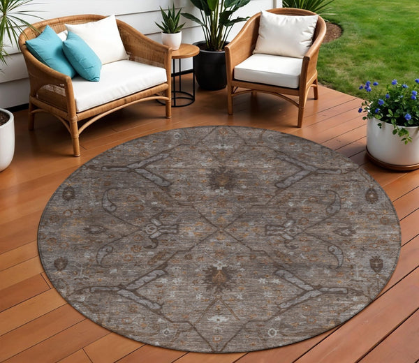 HomeRoots 8' Brown and Taupe Round Floral Rug – Durable, Washable, Stylish for Indoor & Outdoor Spaces 658287