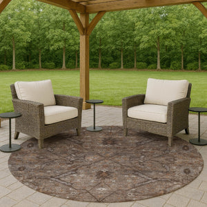 HomeRoots 8' Brown and Taupe Round Floral Rug – Durable, Washable, Stylish for Indoor & Outdoor Spaces 658287