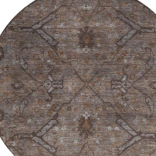 HomeRoots 8' Brown and Taupe Round Floral Rug – Durable, Washable, Stylish for Indoor & Outdoor Spaces 658287