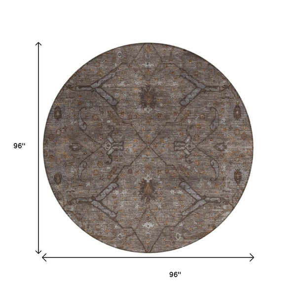 HomeRoots 8' Brown and Taupe Round Floral Rug – Durable, Washable, Stylish for Indoor & Outdoor Spaces 658287