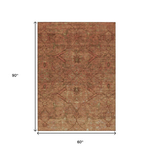 HomeRoots 5' X 8' Terra Cotta Floral Washable Area Rug - Stylish, Durable, Indoor & Outdoor Use, Easy Care! 658292