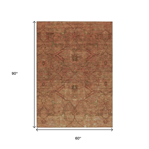 HomeRoots 5' X 8' Terra Cotta Floral Washable Area Rug - Stylish, Durable, Indoor & Outdoor Use, Easy Care! 658292