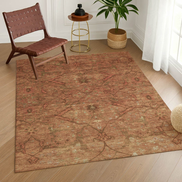 HomeRoots 5' X 8' Terra Cotta Floral Washable Area Rug - Stylish, Durable, Indoor & Outdoor Use, Easy Care! 658292