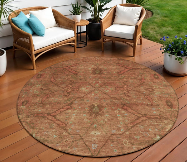 HomeRoots 8' Terra Cotta and Taupe Floral Area Rug - Washable, Durable, Perfect for Indoor & Outdoor Spaces! 658293