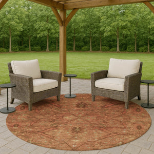 HomeRoots 8' Terra Cotta and Taupe Floral Area Rug - Washable, Durable, Perfect for Indoor & Outdoor Spaces! 658293