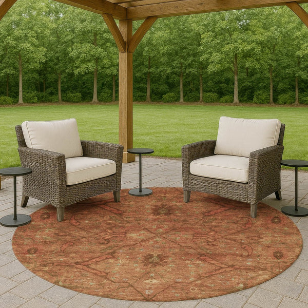 HomeRoots 8' Terra Cotta and Taupe Floral Area Rug - Washable, Durable, Perfect for Indoor & Outdoor Spaces! 658293