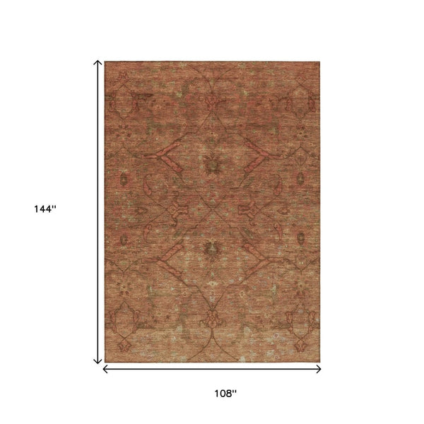 HomeRoots 9' X 12' Terra Cotta Floral Indoor Outdoor Rug - Washable, Stain-Resistant, Durable & Slip-Resistant 658295