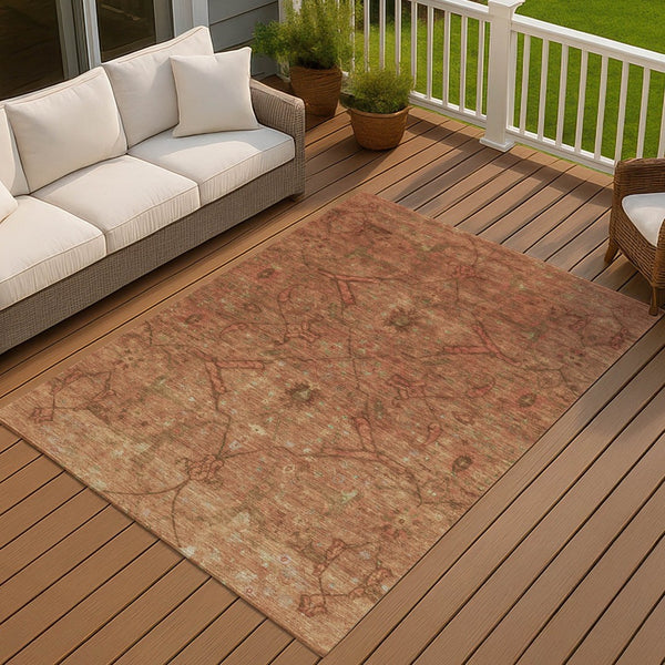 HomeRoots 10' Terra Cotta & Taupe Floral Washable Area Rug - Indoor/Outdoor Durable Style for Any Space 658296
