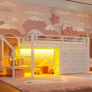 English Elm Twin Metal Low Loft Bed with Storage Stairs Fabric Drawers and Built-in Lights Light White W5305S00044