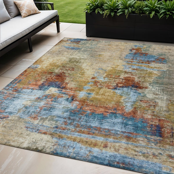 HomeRoots 5' Abstract Beige, Blue & Gold Washable Area Rug - Stylish Indoor/Outdoor Design for High Traffic Spaces 658304