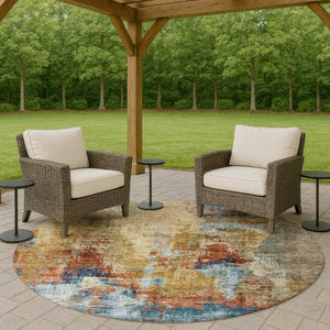 HomeRoots 8' Beige Blue and Gold Round Abstract Area Rug - Stylish, Washable, Durable for Indoor & Outdoor Use 658305