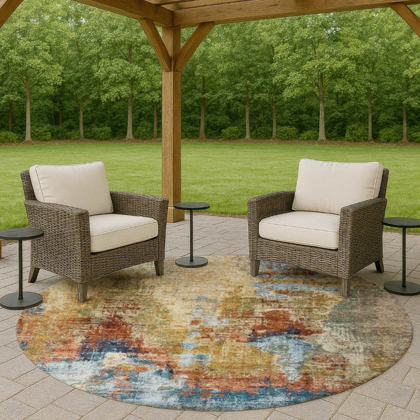 HomeRoots 8' Beige Blue and Gold Round Abstract Area Rug - Stylish, Washable, Durable for Indoor & Outdoor Use 658305