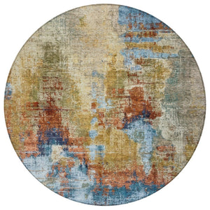 HomeRoots 8' Beige Blue and Gold Round Abstract Area Rug - Stylish, Washable, Durable for Indoor & Outdoor Use 658305