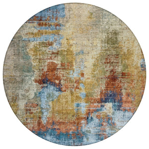 HomeRoots 8' Beige Blue and Gold Round Abstract Area Rug - Stylish, Washable, Durable for Indoor & Outdoor Use 658305