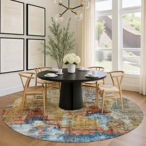 HomeRoots 8' Beige Blue and Gold Round Abstract Area Rug - Stylish, Washable, Durable for Indoor & Outdoor Use 658305