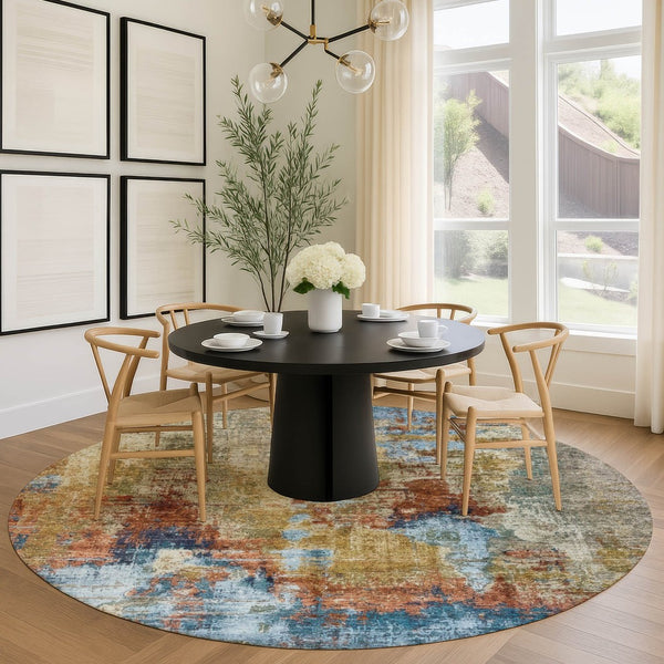 HomeRoots 8' Beige Blue and Gold Round Abstract Area Rug - Stylish, Washable, Durable for Indoor & Outdoor Use 658305