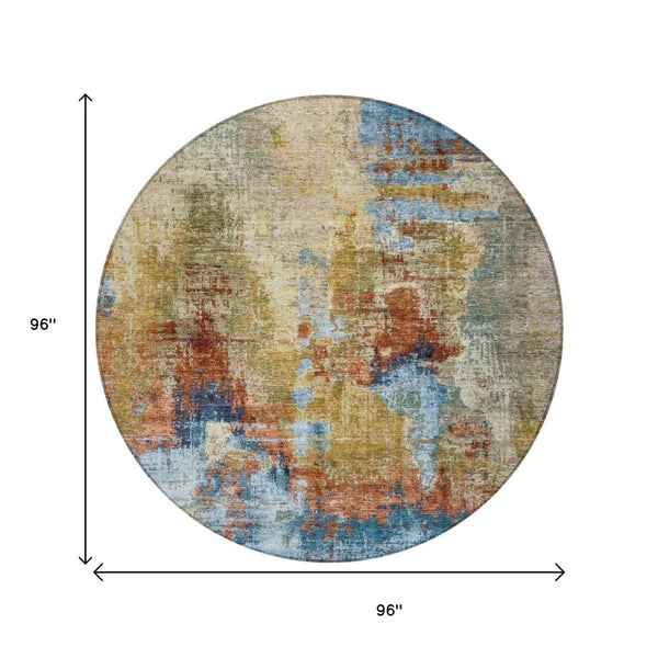 HomeRoots 8' Beige Blue and Gold Round Abstract Area Rug - Stylish, Washable, Durable for Indoor & Outdoor Use 658305