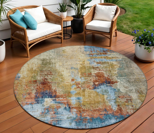 HomeRoots 8' Beige Blue and Gold Round Abstract Area Rug - Stylish, Washable, Durable for Indoor & Outdoor Use 658305