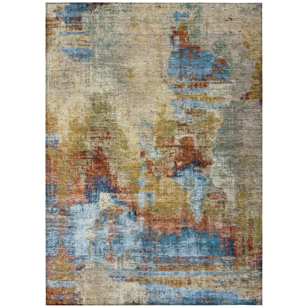 HomeRoots 8' X 10' Beige Blue and Gold Abstract Washable Area Rug for Indoor/Outdoor Use – Chic & Durable Design 658306