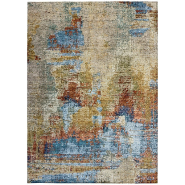 HomeRoots 8' X 10' Beige Blue and Gold Abstract Washable Area Rug for Indoor/Outdoor Use – Chic & Durable Design 658306