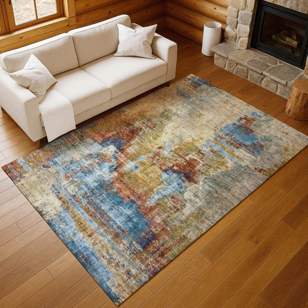 HomeRoots 8' X 10' Beige Blue and Gold Abstract Washable Area Rug for Indoor/Outdoor Use – Chic & Durable Design 658306