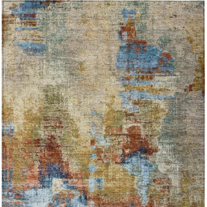 HomeRoots 9' Abstract Beige, Blue & Gold Washable Area Rug - Stylish, Durable for Indoor/Outdoor Spaces! 658307