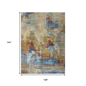 HomeRoots 9' Abstract Beige, Blue & Gold Washable Area Rug - Stylish, Durable for Indoor/Outdoor Spaces! 658307