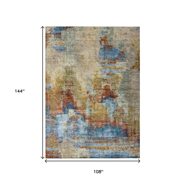 HomeRoots 9' Abstract Beige, Blue & Gold Washable Area Rug - Stylish, Durable for Indoor/Outdoor Spaces! 658307