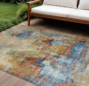 HomeRoots 9' Abstract Beige, Blue & Gold Washable Area Rug - Stylish, Durable for Indoor/Outdoor Spaces! 658307