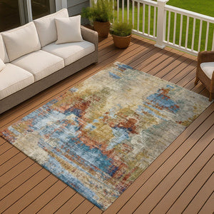 HomeRoots 9' Abstract Beige, Blue & Gold Washable Area Rug - Stylish, Durable for Indoor/Outdoor Spaces! 658307