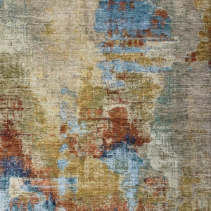 HomeRoots 10' Beige Blue Gold Abstract Washable Area Rug - Versatile Indoor/Outdoor Style for High-Traffic Spaces 658308