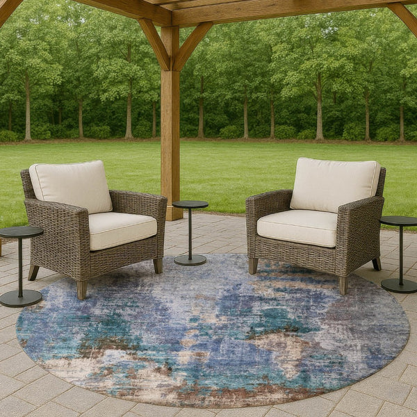 HomeRoots 8' Round Abstract Area Rug in Blue Gray Brown – Durable, Washable, Modern Design for Indoor/Outdoor Use 658311