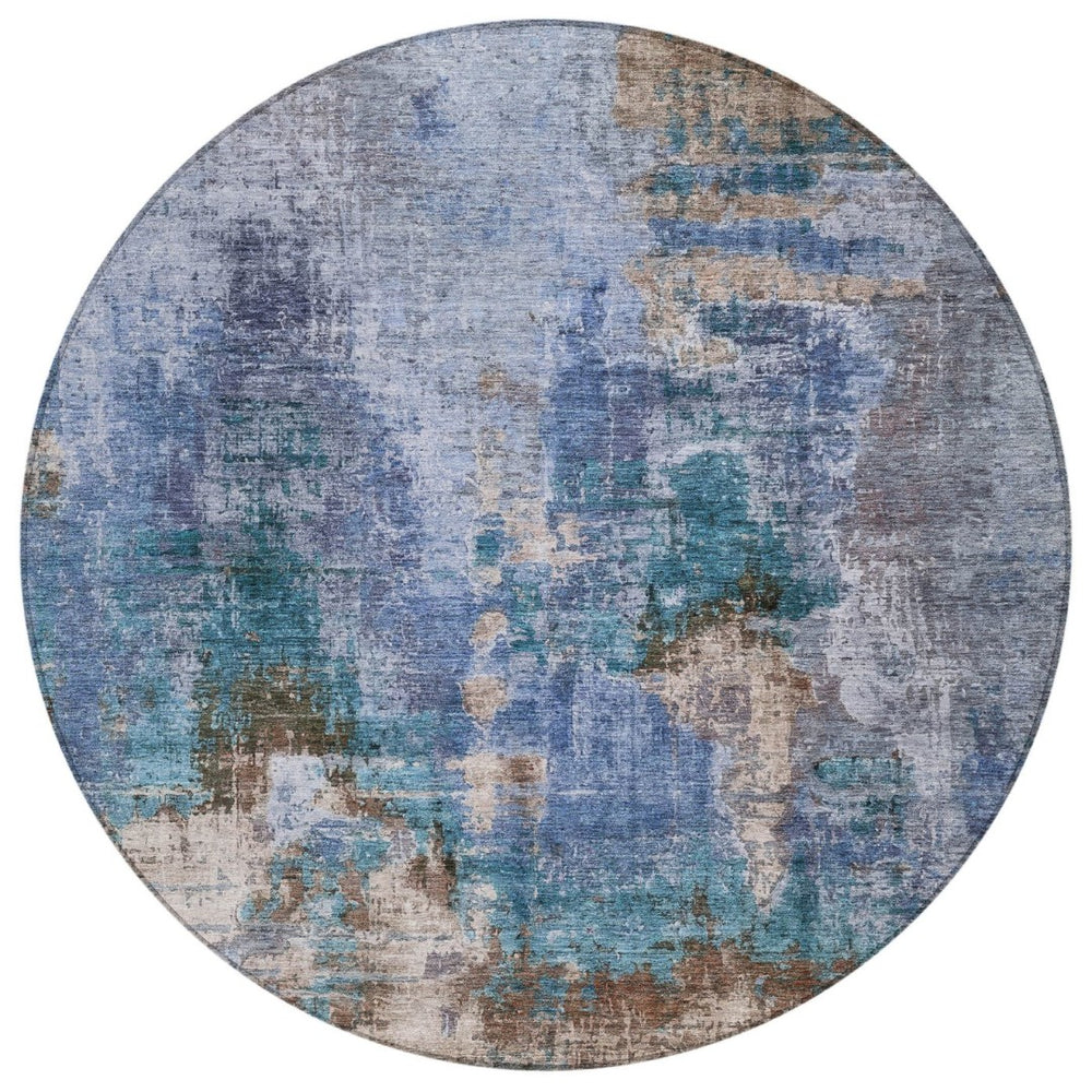 HomeRoots 8' Round Abstract Area Rug in Blue Gray Brown – Durable, Washable, Modern Design for Indoor/Outdoor Use 658311