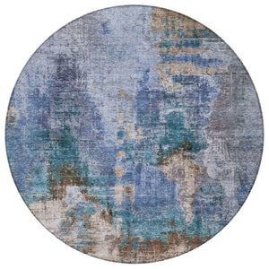 HomeRoots 8' Round Abstract Area Rug in Blue Gray Brown – Durable, Washable, Modern Design for Indoor/Outdoor Use 658311