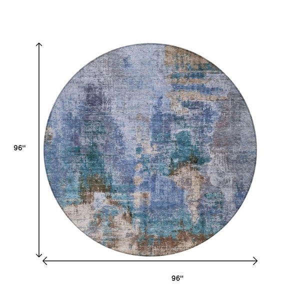 HomeRoots 8' Round Abstract Area Rug in Blue Gray Brown – Durable, Washable, Modern Design for Indoor/Outdoor Use 658311