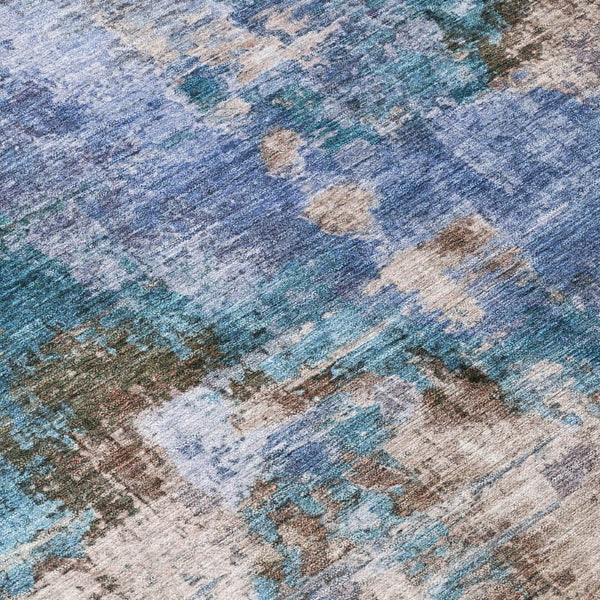 HomeRoots 8' Round Abstract Area Rug in Blue Gray Brown – Durable, Washable, Modern Design for Indoor/Outdoor Use 658311